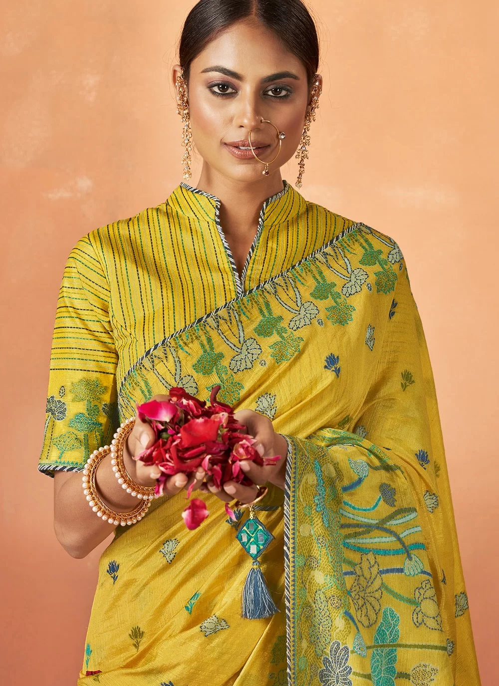 Yellow Tusser Silk Floral Thread Work Indian Saree