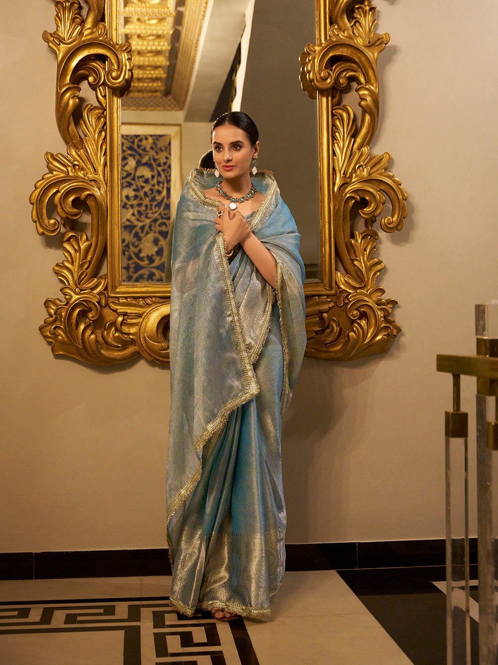 Sky blue shimmer saree for weddings and parties