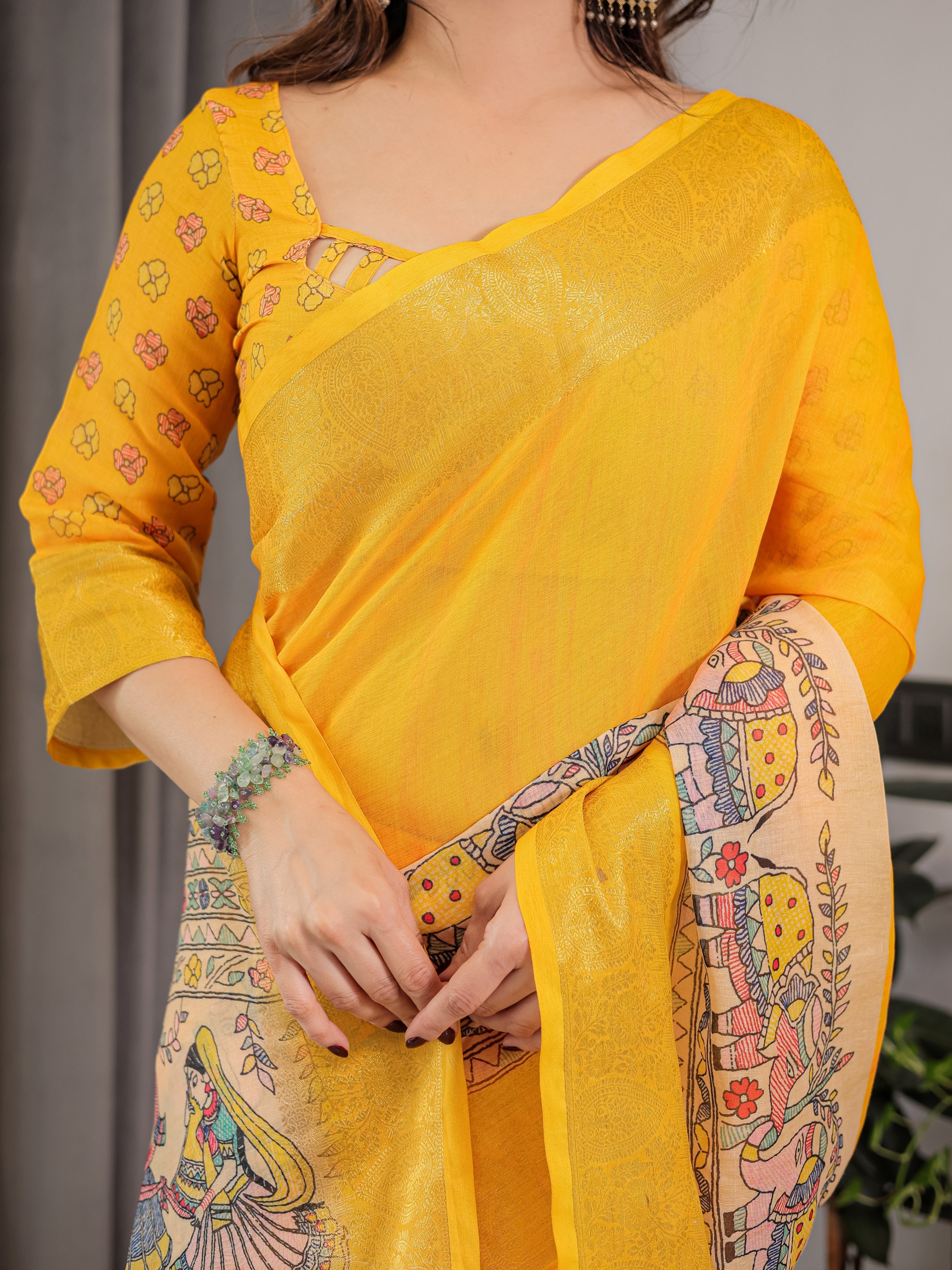 Yellow saree with zari border