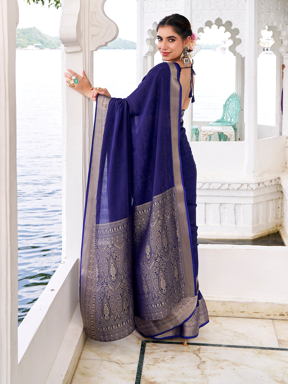 Navy blue floral Chinon saree for women