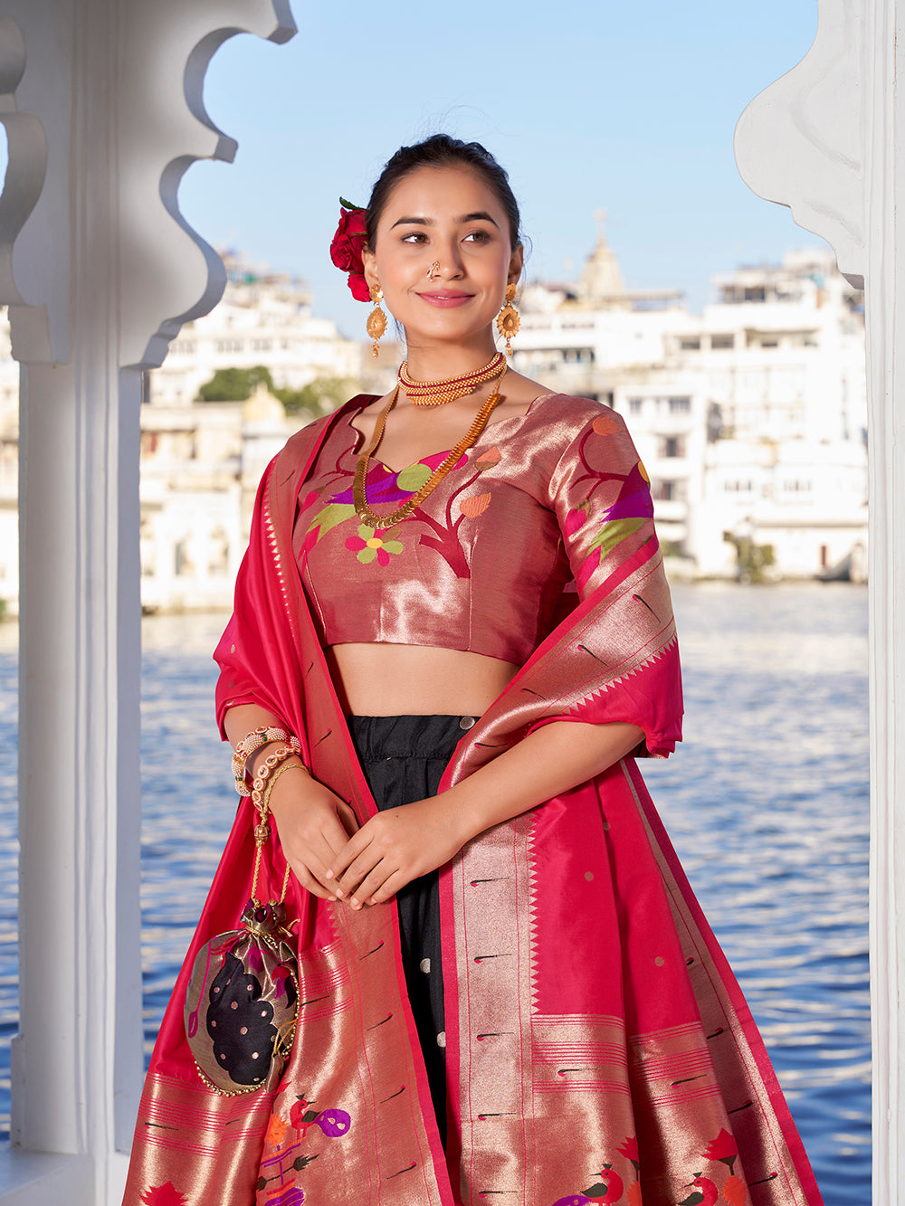 Black Color Weaving Zari Work With Jacquard Silk (Paithani) Maharashtrian Lehenga Choli