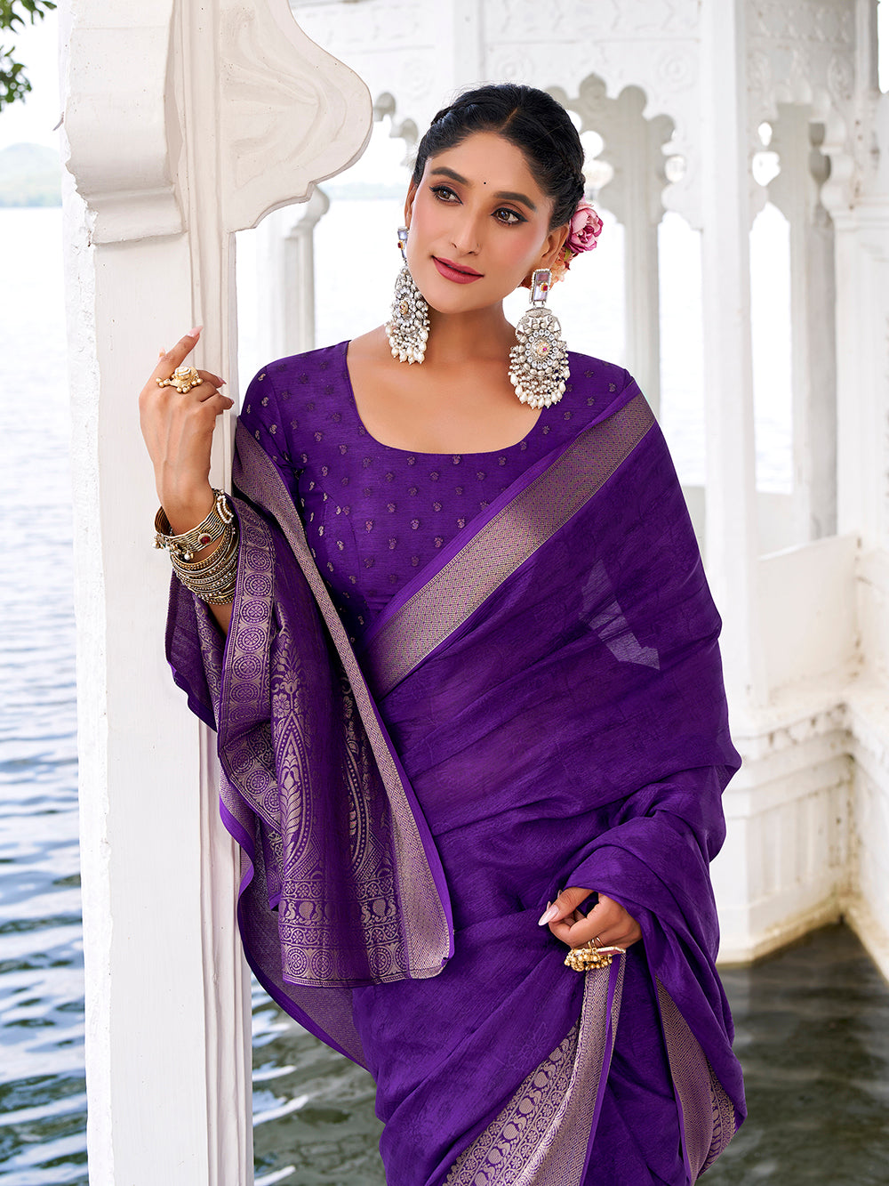 Elegant purple saree with subtle zari work