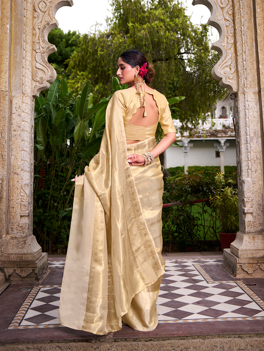 Off white gold saree for weddings and festivals