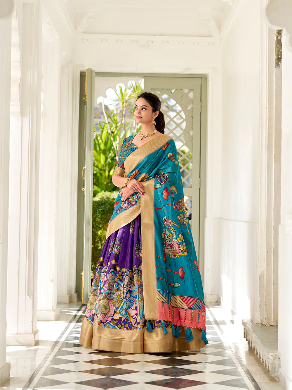 Purple Color Kalamkari Print With Weaving Border Dola Silk Lehenga Choli