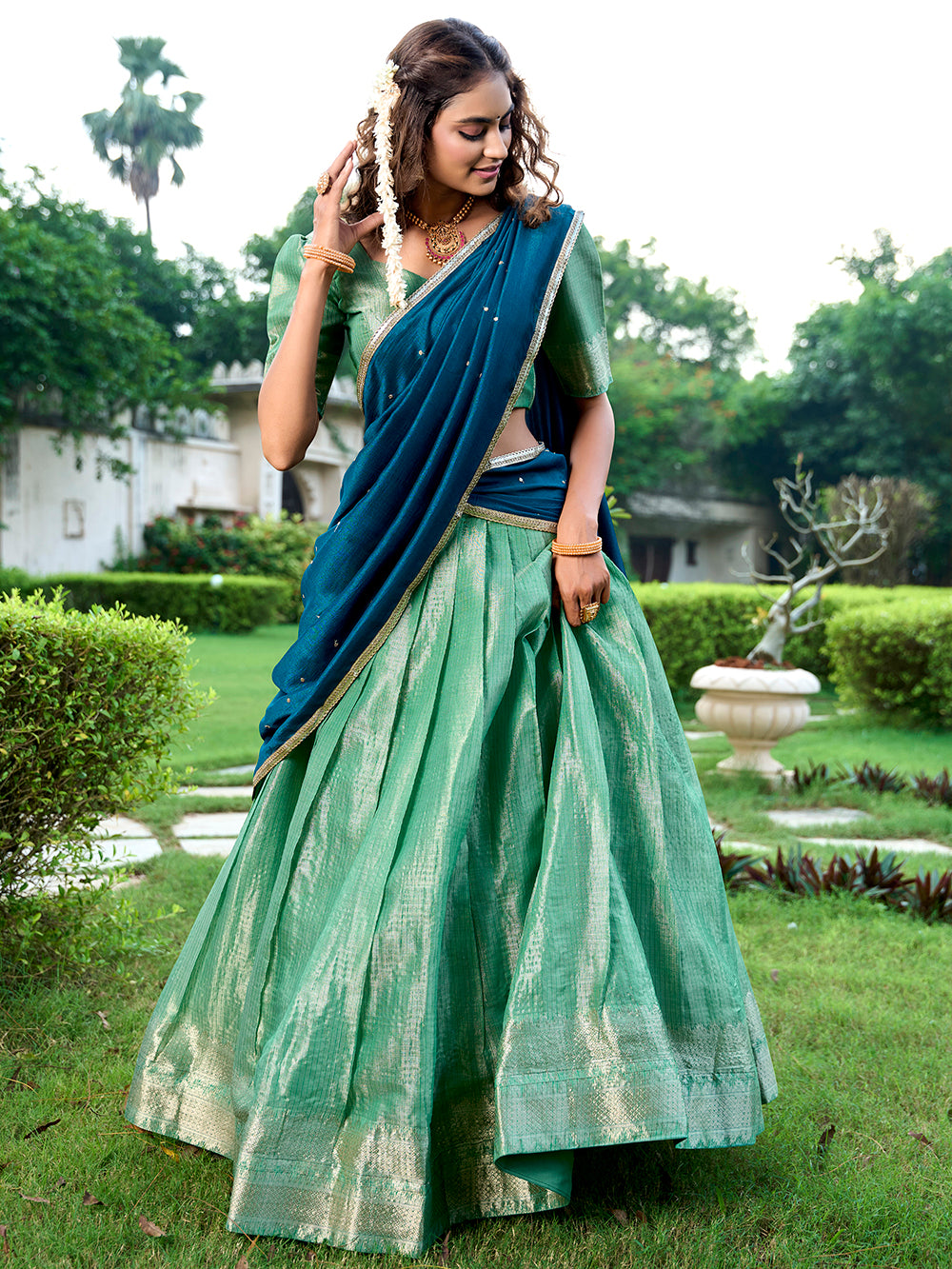 Pista Color Zari Weaving Work Kanchipuram Lehenga Choli