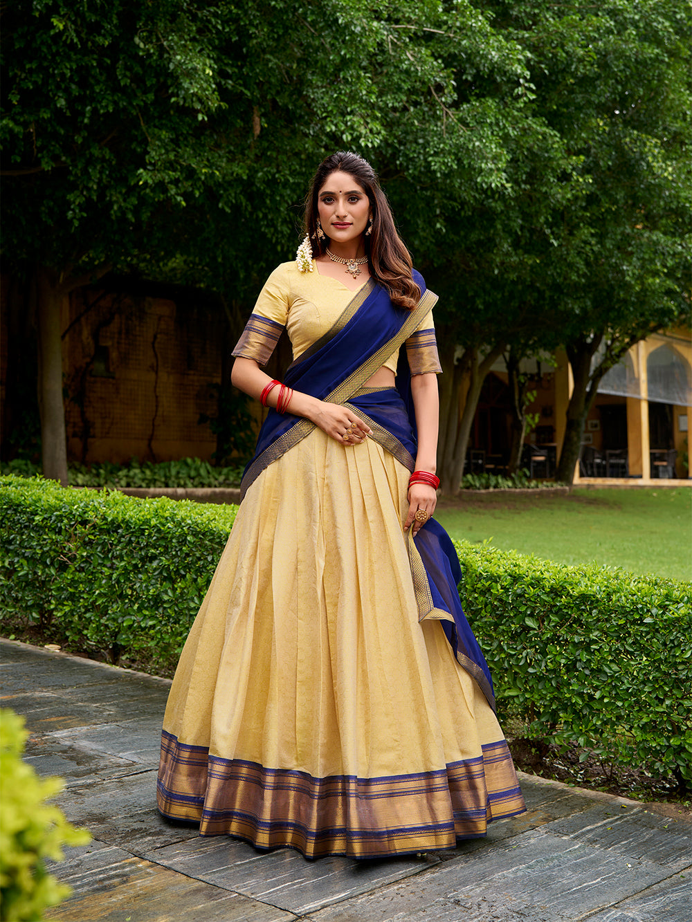 Navy blue Kanchipuram silk lehenga choli with zari border