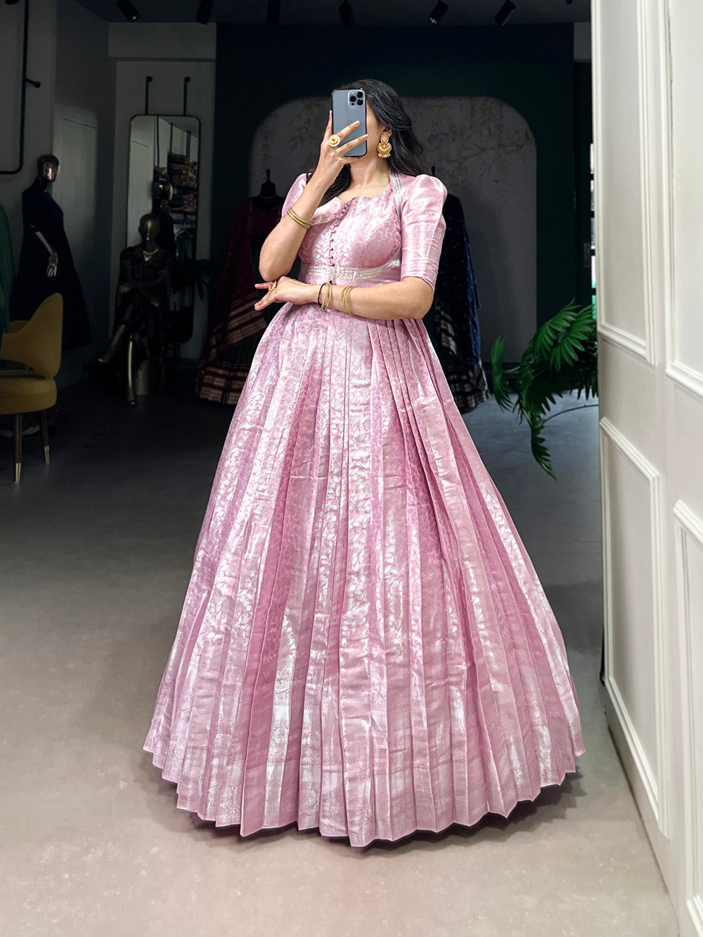 Light Pink Color Zari Weaving Work Kanjivaram gown