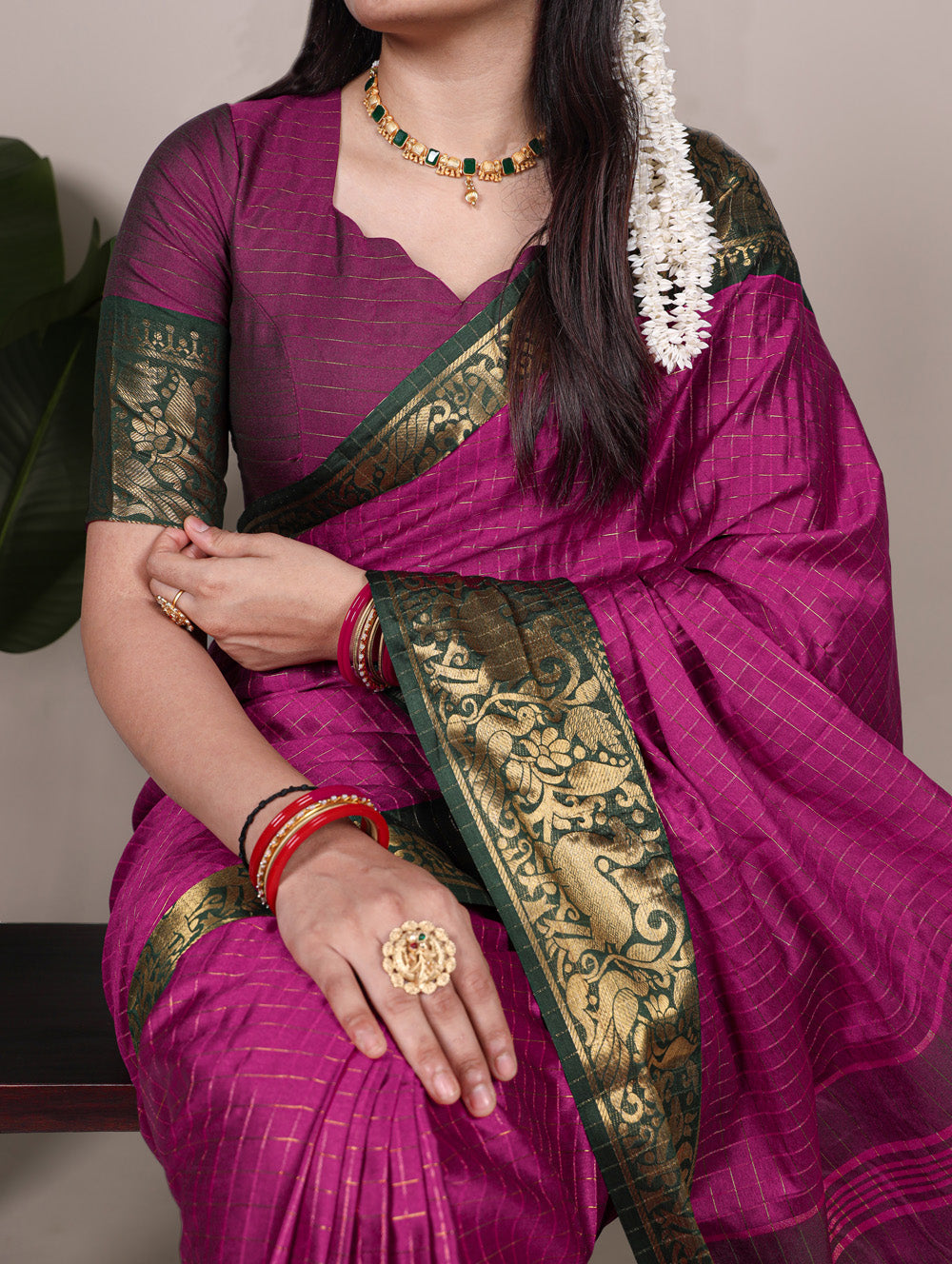 Rani pink chex pattern saree for weddings