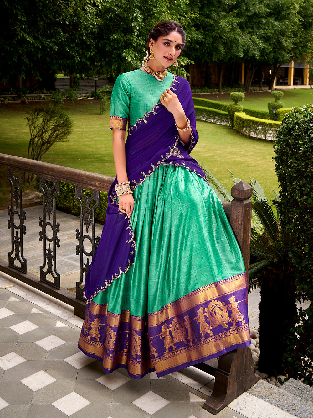 Zari Weaving Bottle Green Festive Lehenga