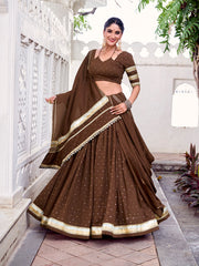 Brown Chanderi Zari Weaving Lehenga Choli with Embossed Lace & Dupatta