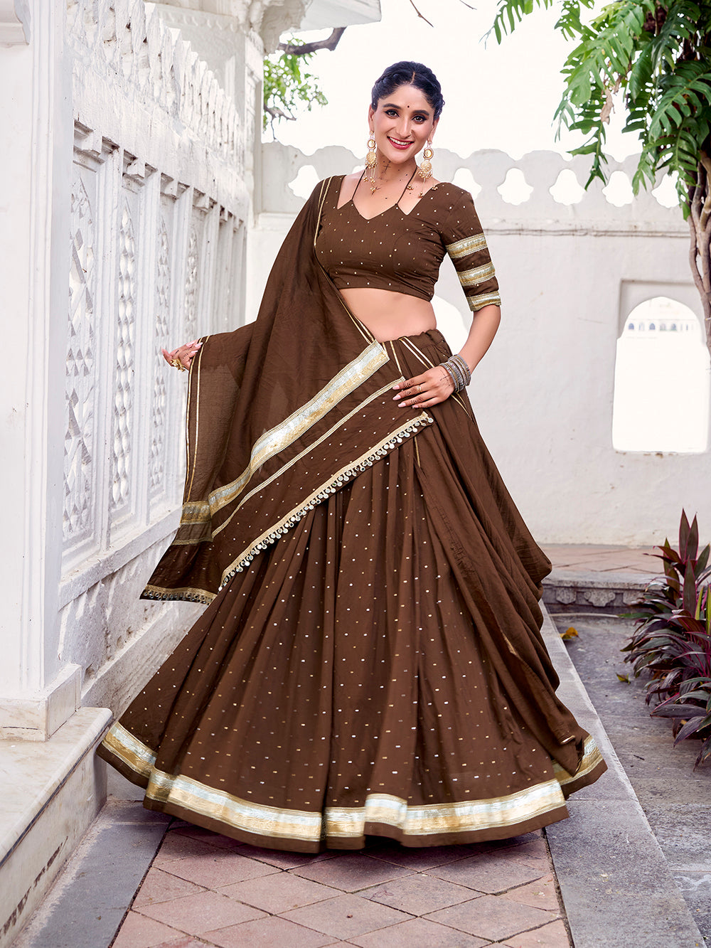 Brown chanderi zari weaving lehenga choli