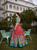 Salmon Color Printed (Kalamkari) With Zari Weaving Border Dola Silk Lehenga Choli