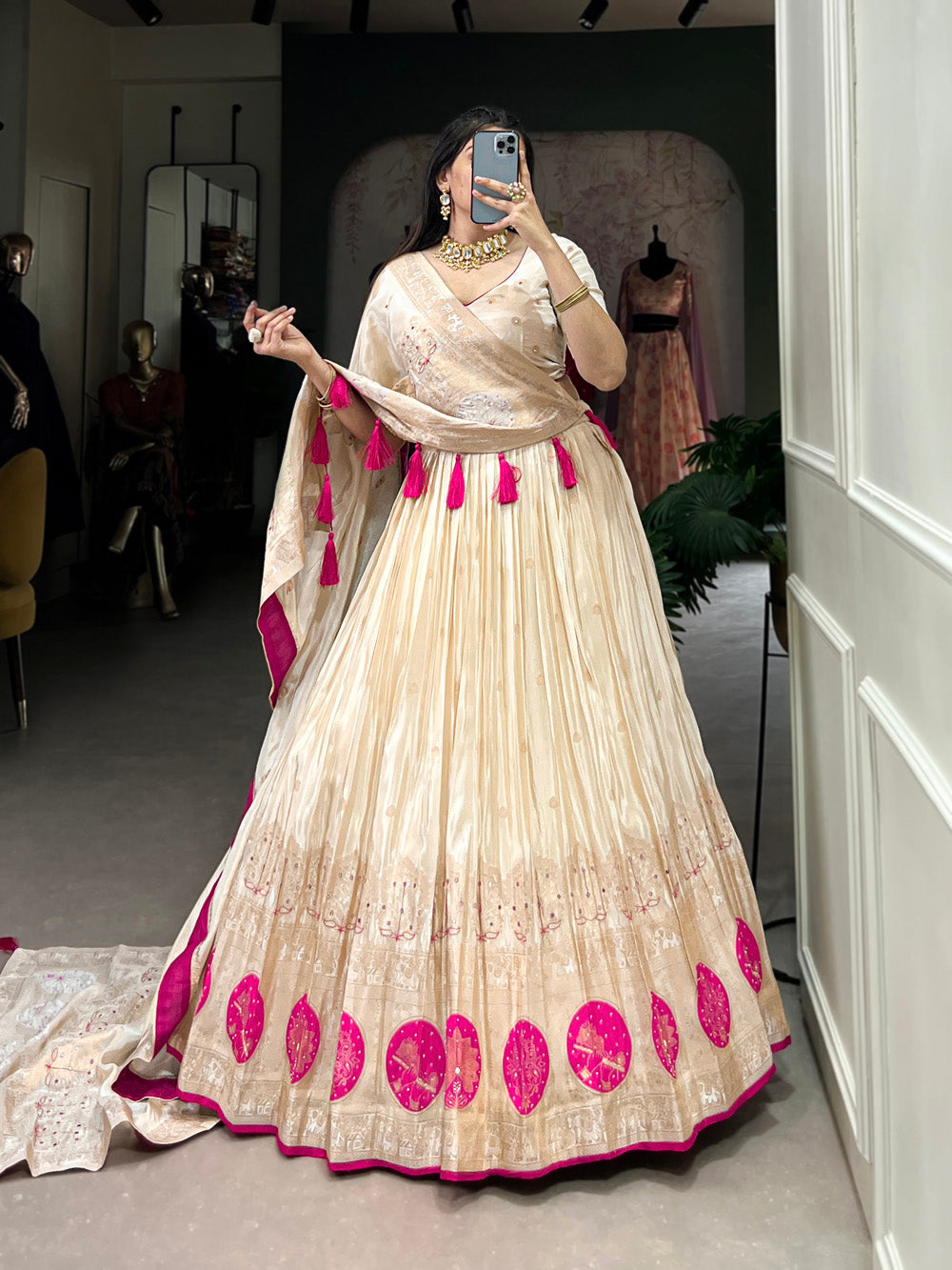 Pink Color Mirror And Bids (Moti) Handwork Shimmer With Weaving Work Lehenga Choli