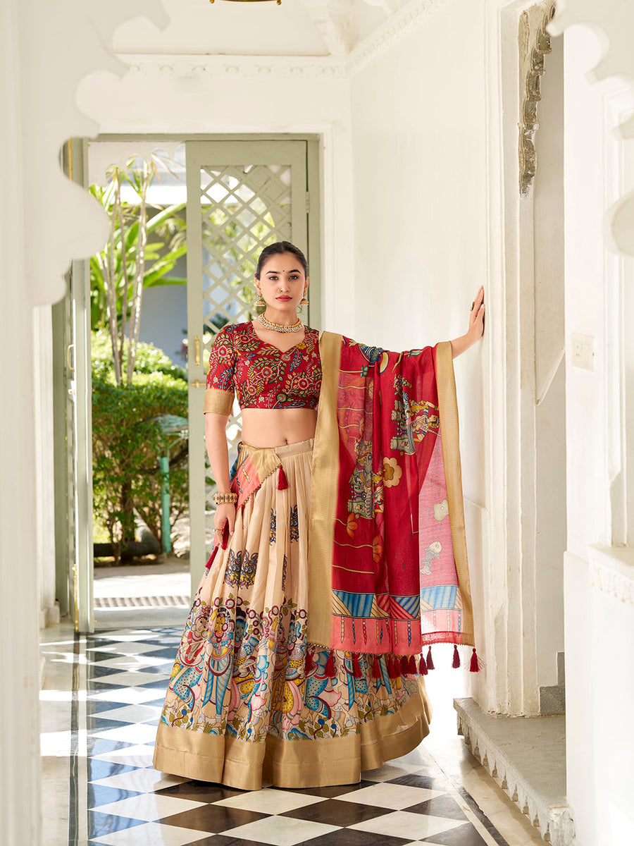 Cream Dola silk Kalamkari print lehenga