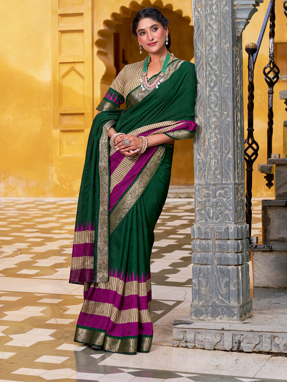Green poly cotton printed saree