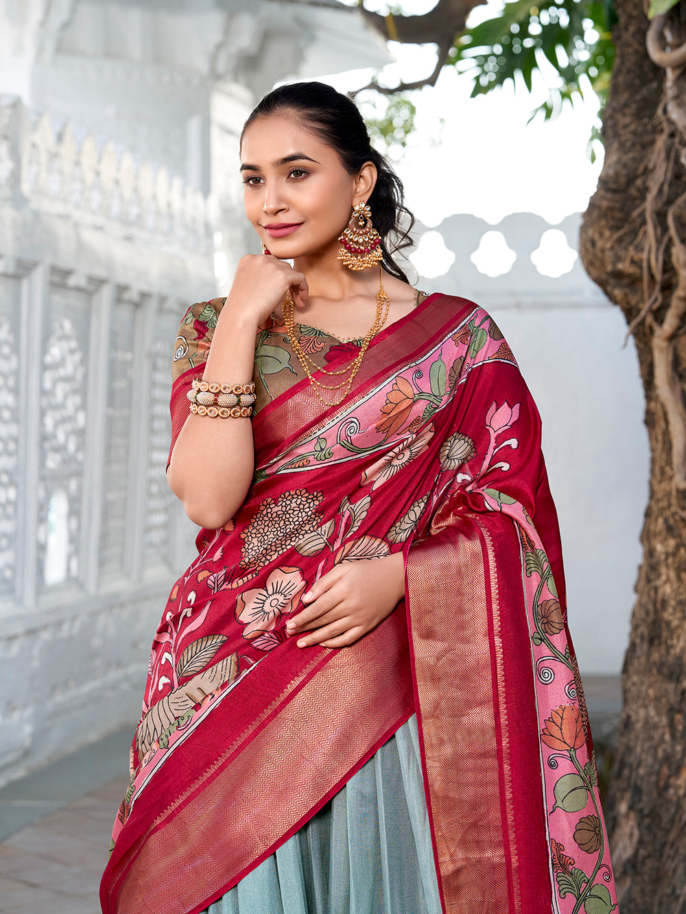 See Green Color Printed (Kalamkari) With Zari Weaving Border Jacquard Silk Lehenga Choli