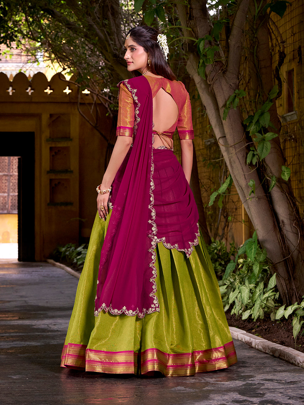 Rani pink embroidered georgette dupatta