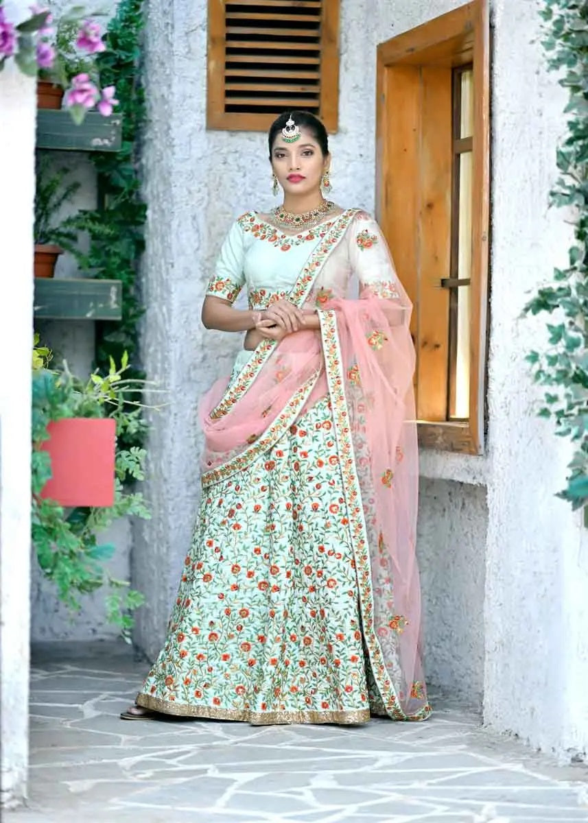 Mint Green Color Silk Embroidered Lehenga For Mehndi Outfit