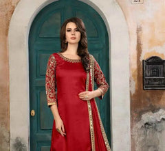 Red Color Art Silk Embroidered Party Wear Ladies Dress