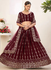 Adorable Maroon Faux Georgette Sequins Embroidered Lehenga