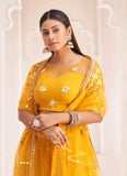 Adorable Mustard Net Zari and Sequence Embroidery Indian Lehenga