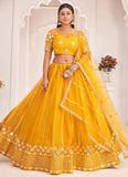 Adorable Mustard Net Zari and Sequence Embroidery Indian Lehenga