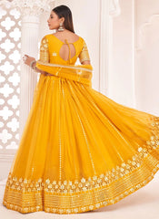 Adorable Mustard Net Zari and Sequence Embroidery Indian Lehenga