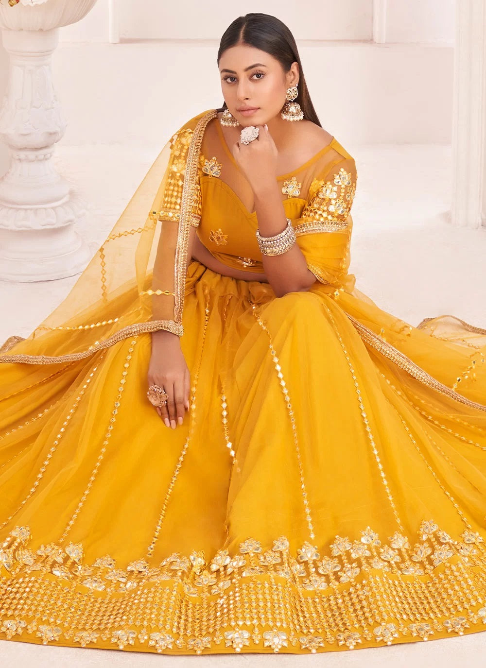 Adorable Mustard Net Zari and Sequence Embroidery Indian Lehenga