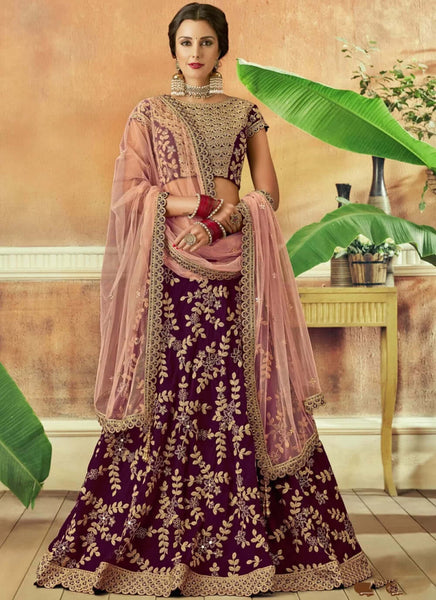Amazing Wine Color Taffeta Silk Wedding Wear Lehenga Gunj Fashion