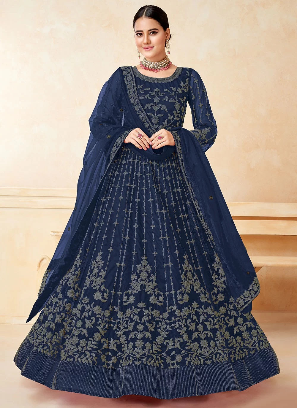 Anarkali Style Net Embroidered Blue Salwar Suit