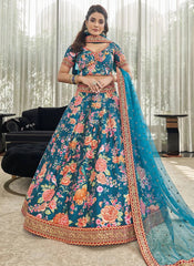 Art Silk Digital Print With Stone Work Lehenga in Teal Blue