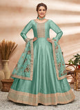 Art Silk Embroidered Green Anarkali With Printed Organza Dupatta