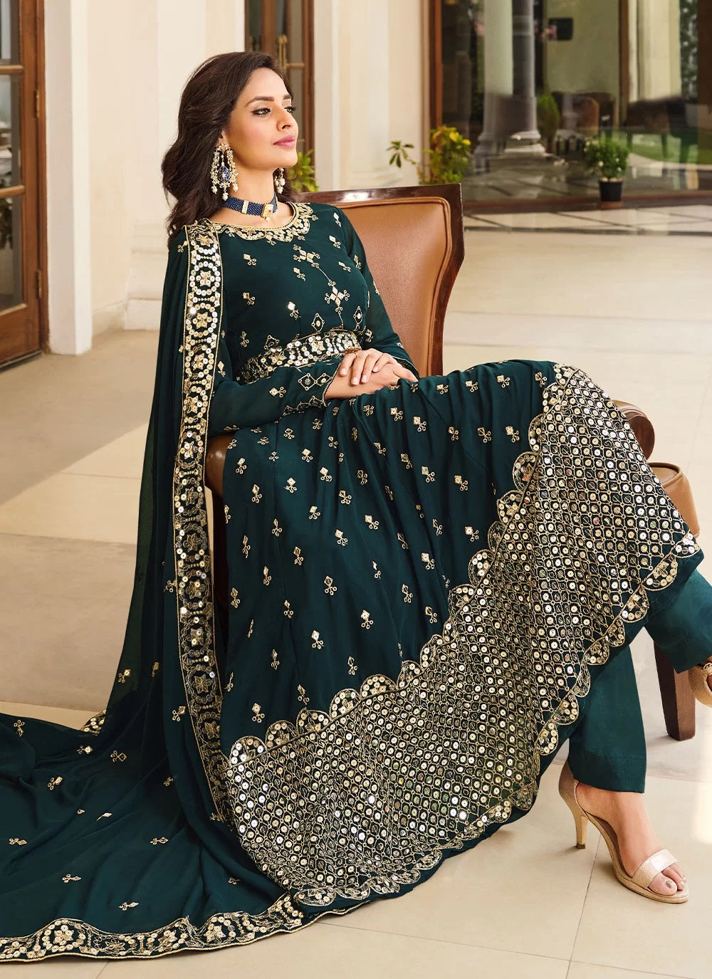 Awesome Embroidered Georgette Anarkali Suit in Teal Blue