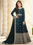 Awesome Embroidered Georgette Anarkali Suit in Teal Blue