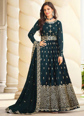 Awesome Embroidered Georgette Anarkali Suit in Teal Blue