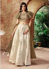 cream color jacquard silk lehenga