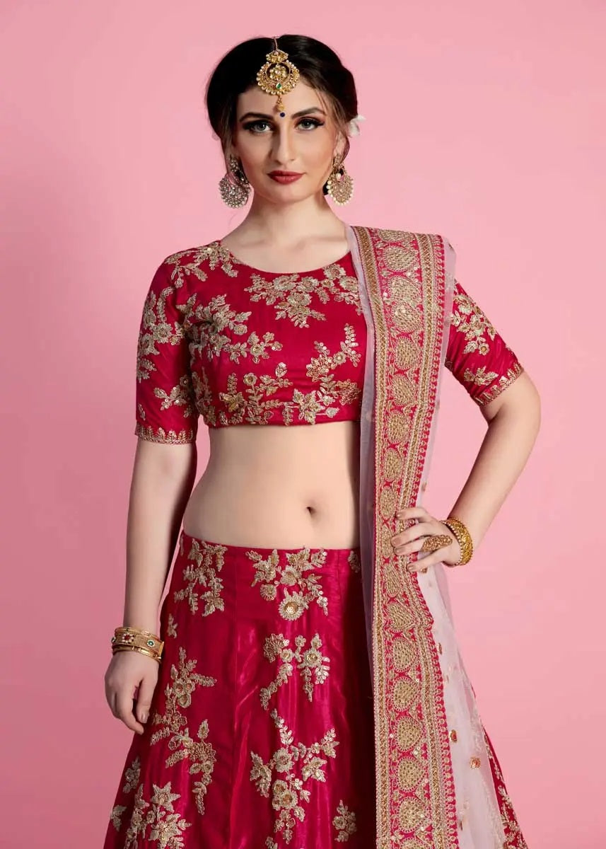 Beautiful Pink Color Velvet Silk Wedding Wear Lehenga