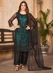 Black and Green Embroidered Net Pakistani Suit