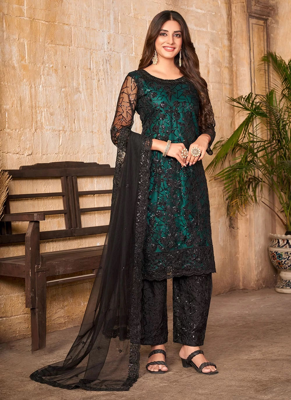Black and Green Embroidered Net Pakistani Suit