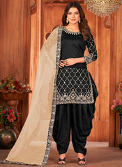 Black Art Silk Heavy Glass Work Border Punjabi Suit