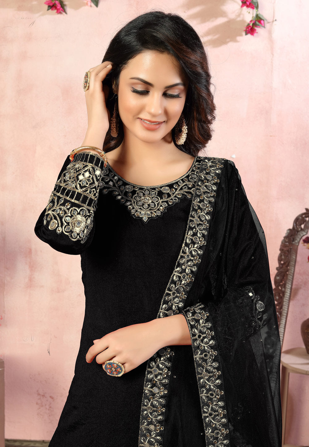Black Embroidered Art Silk Patiala Suit
