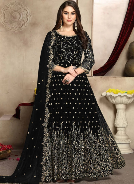 Black Embroidered Georgette Anarkali Dress For Wedding Gunj