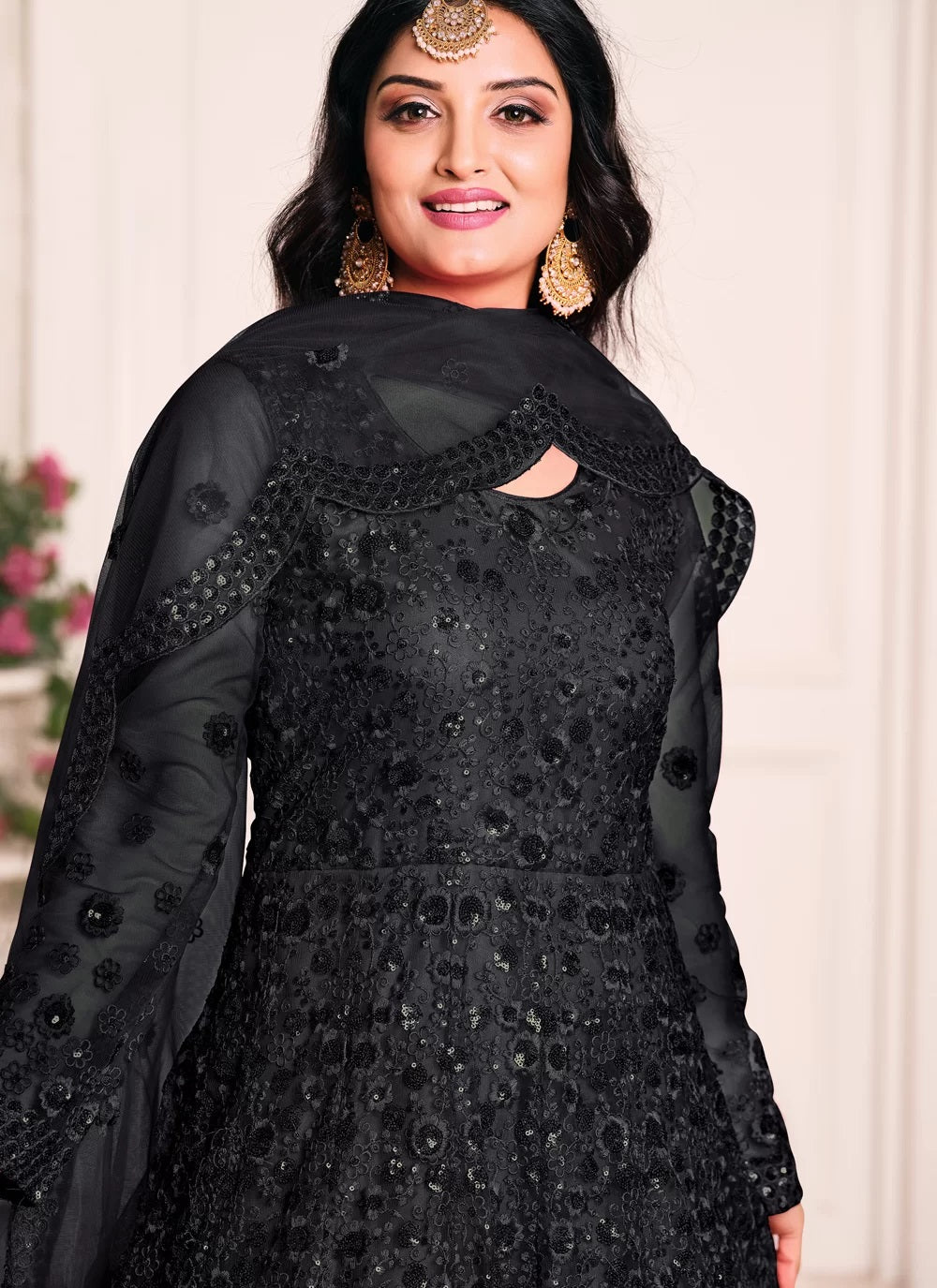 Black Embroidered Net Abaya Style Anarkali Suit 