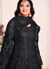 Black Embroidered Net Abaya Style Anarkali Suit 