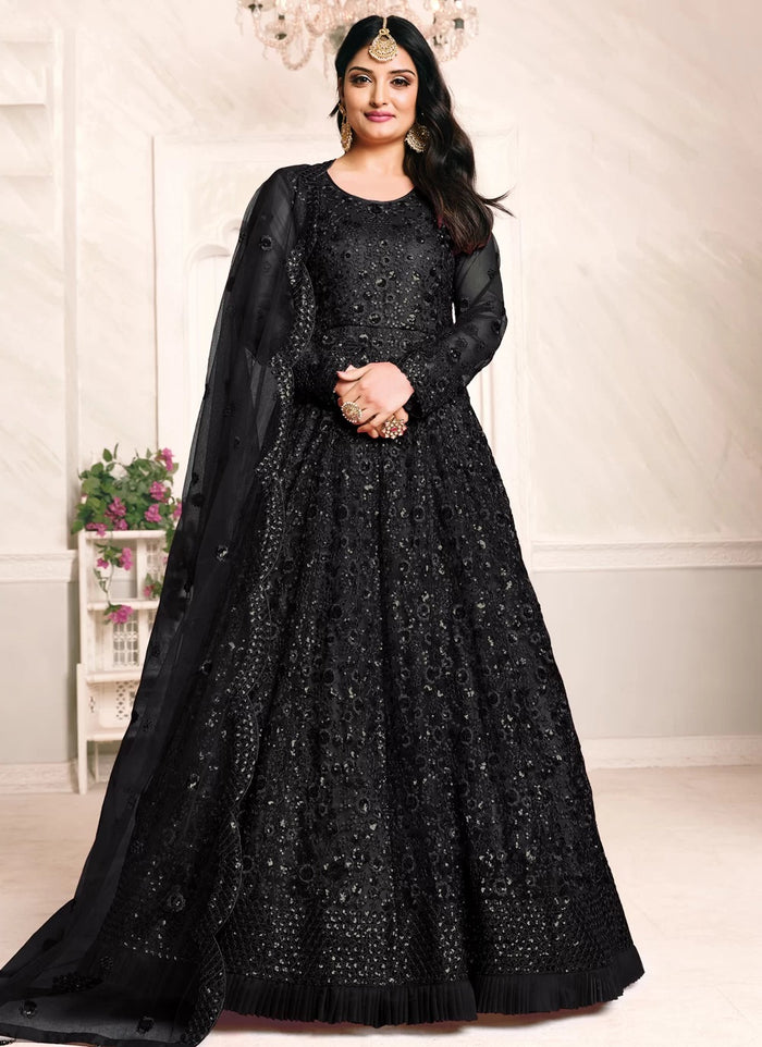 Black Embroidered Net Abaya Style Anarkali Suit 