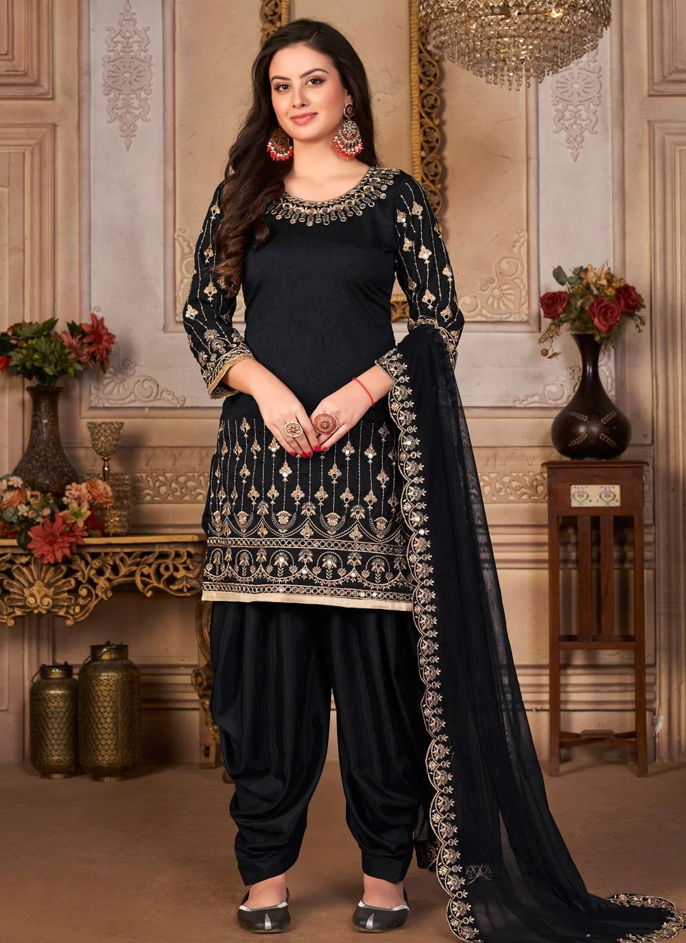 Black Real Mirror Work Art Silk Punjabi Suit