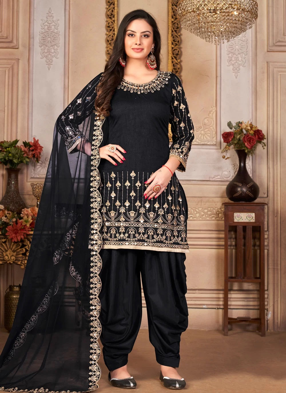 Black Real Mirror Work Art Silk Punjabi Suit