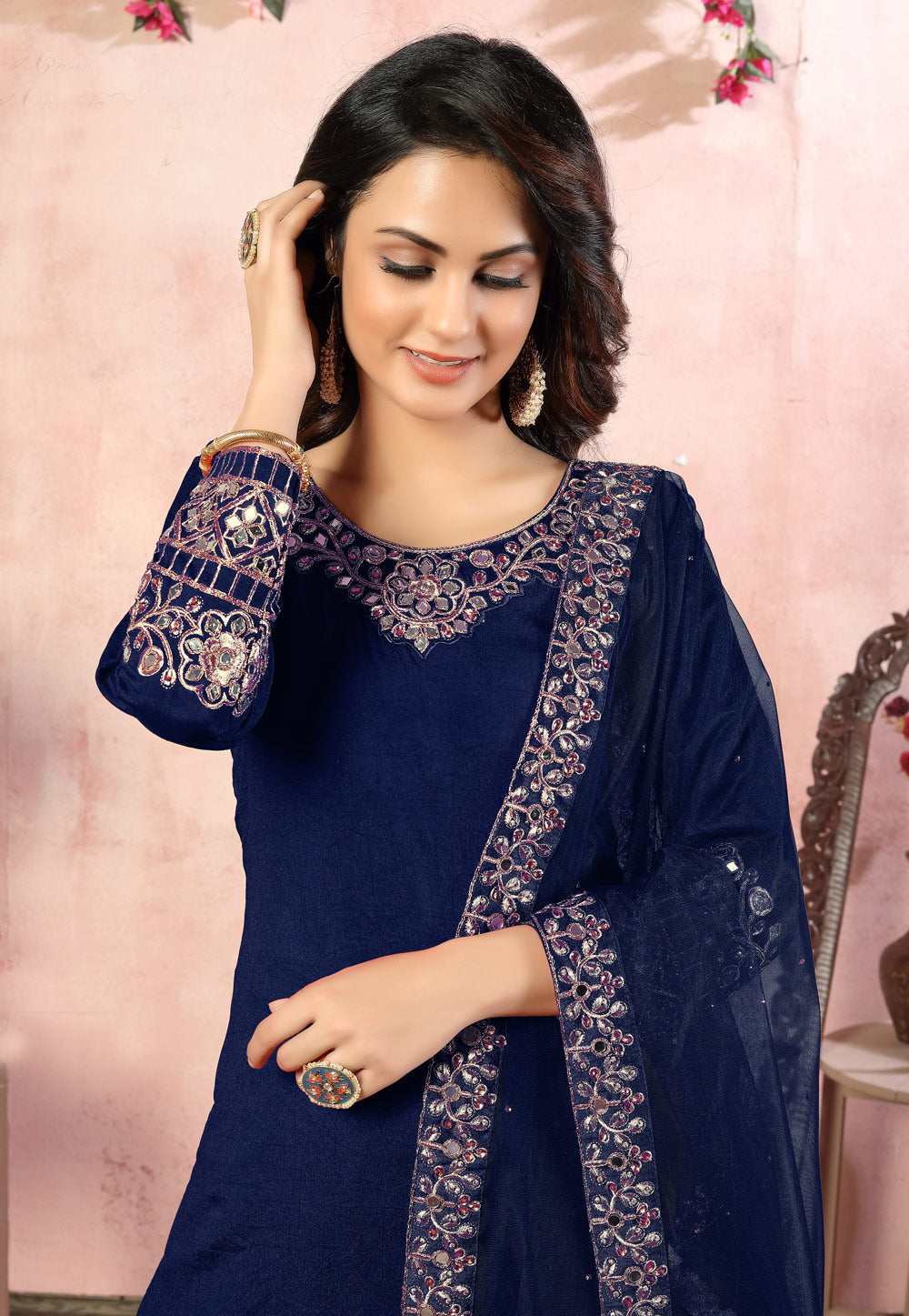 Navy Blue New Fashion Designer Punjabi Suit Blue Art Silk
