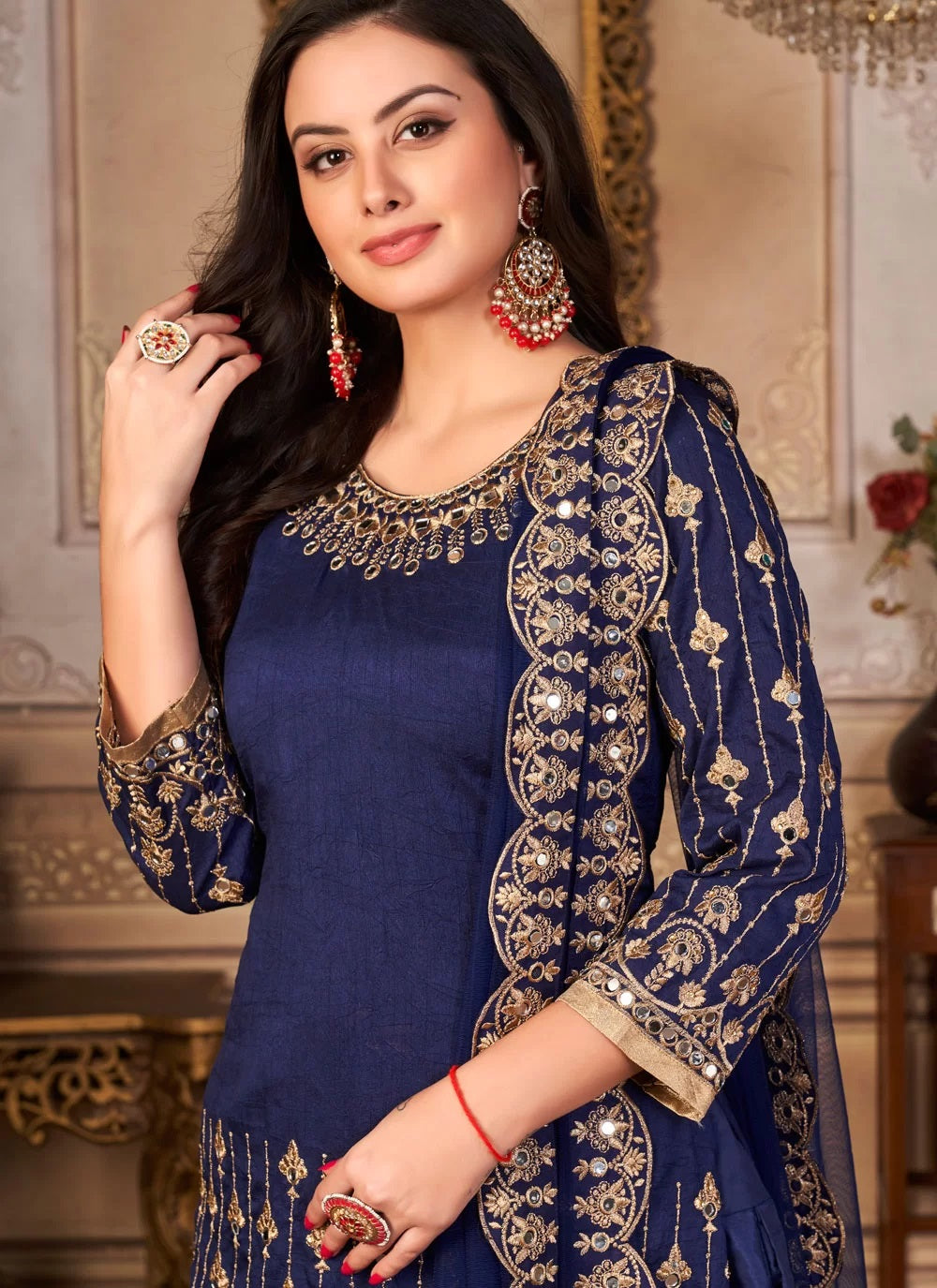 Blue Art Silk Mirror and embroidery work Punjabi suit