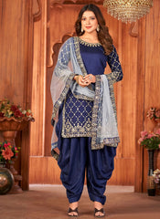 Blue Art Silk Patiyala Suit With Heavy Glass Work